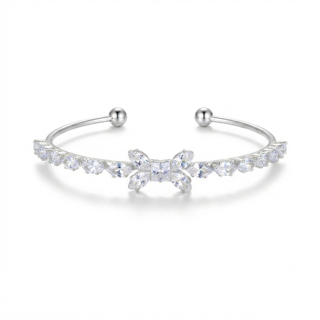 Crystal Butterfly Open Cuff Bracelet – Dainty Marquise-Cut Stone Bangle in Silver Tone