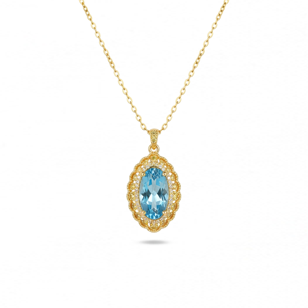 Vintage-Inspired Marquise Blue Topaz and Diamond Halo Pendant Necklace
