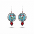 Bohemian Artisan Enamel & Garnet Dangle Earrings – Sterling Silver Floral Motif