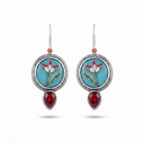 Bohemian Artisan Enamel & Garnet Dangle Earrings – Sterling Silver Floral Motif