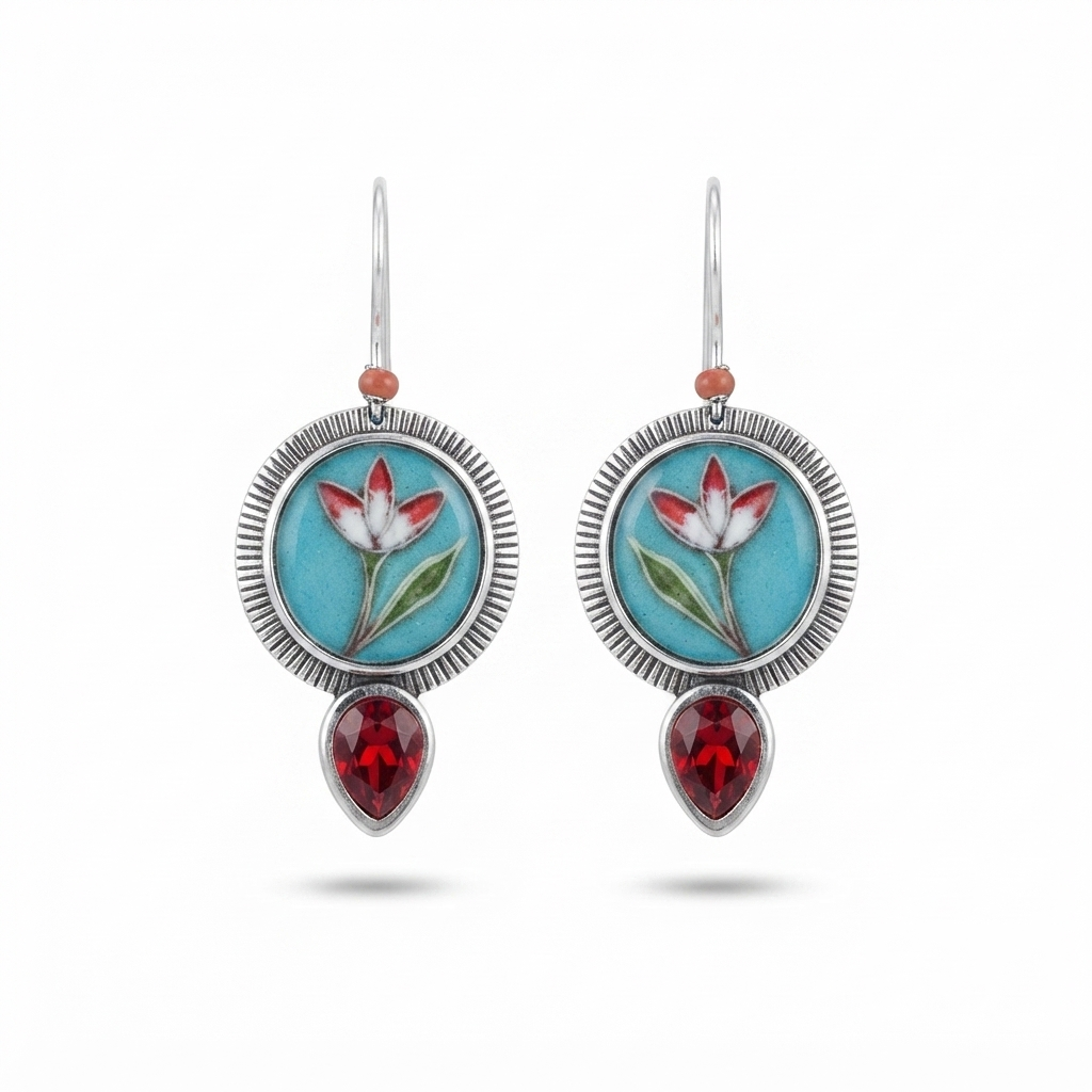 Bohemian Artisan Enamel & Garnet Dangle Earrings – Sterling Silver Floral Motif