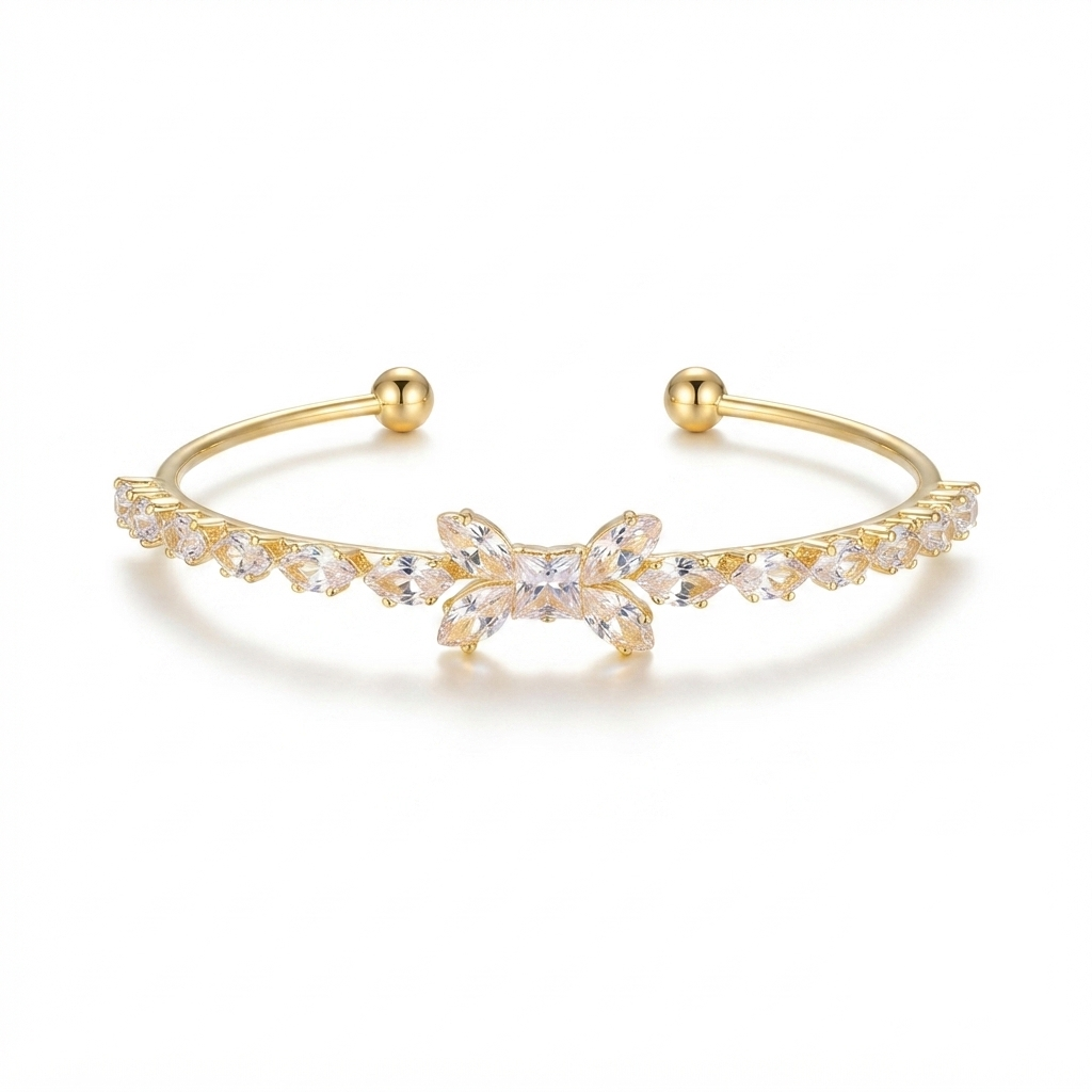 Crystal Butterfly Open Cuff Bracelet – Dainty Marquise-Cut Stone Bangle in Silver Tone