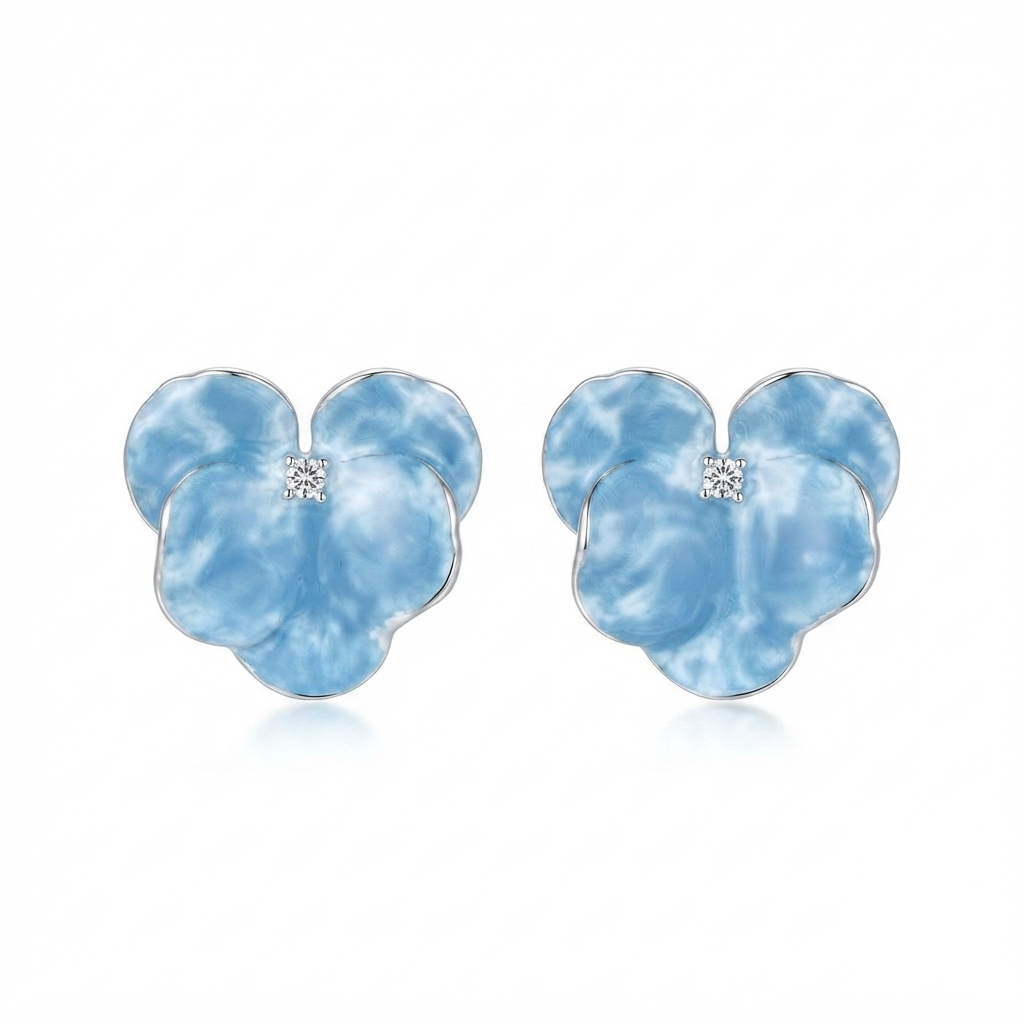 Blue Swirl Enamel & Diamond Floral Stud Earrings