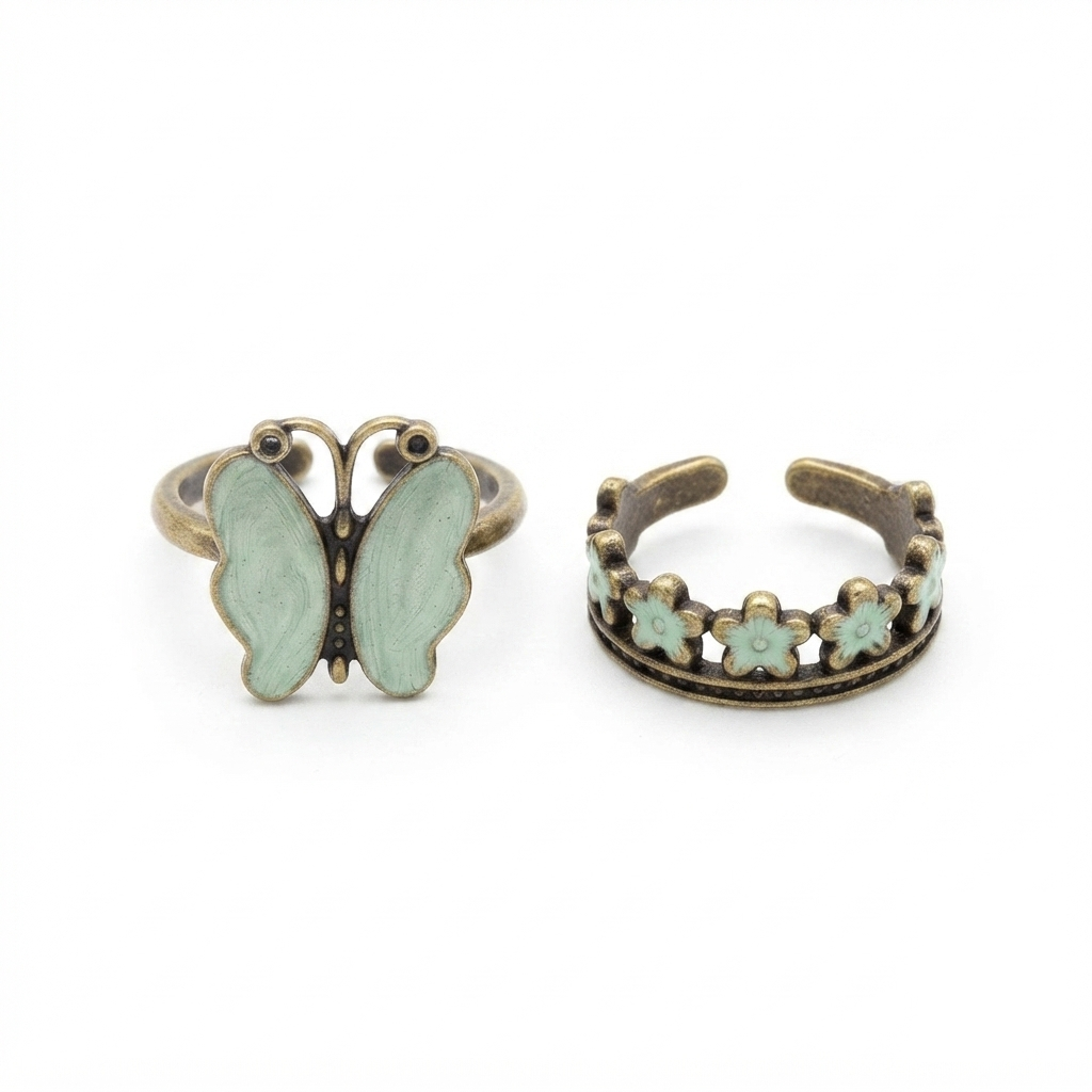 Vintage-Inspired Brass Butterfly & Floral Crown Adjustable Ring Set – Mint Green Enamel Boho Jewelry