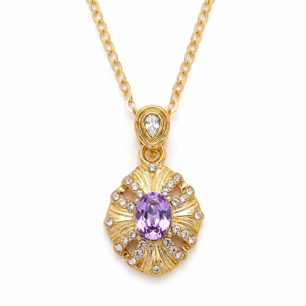 Gold Purple Crystal Pendant Necklace