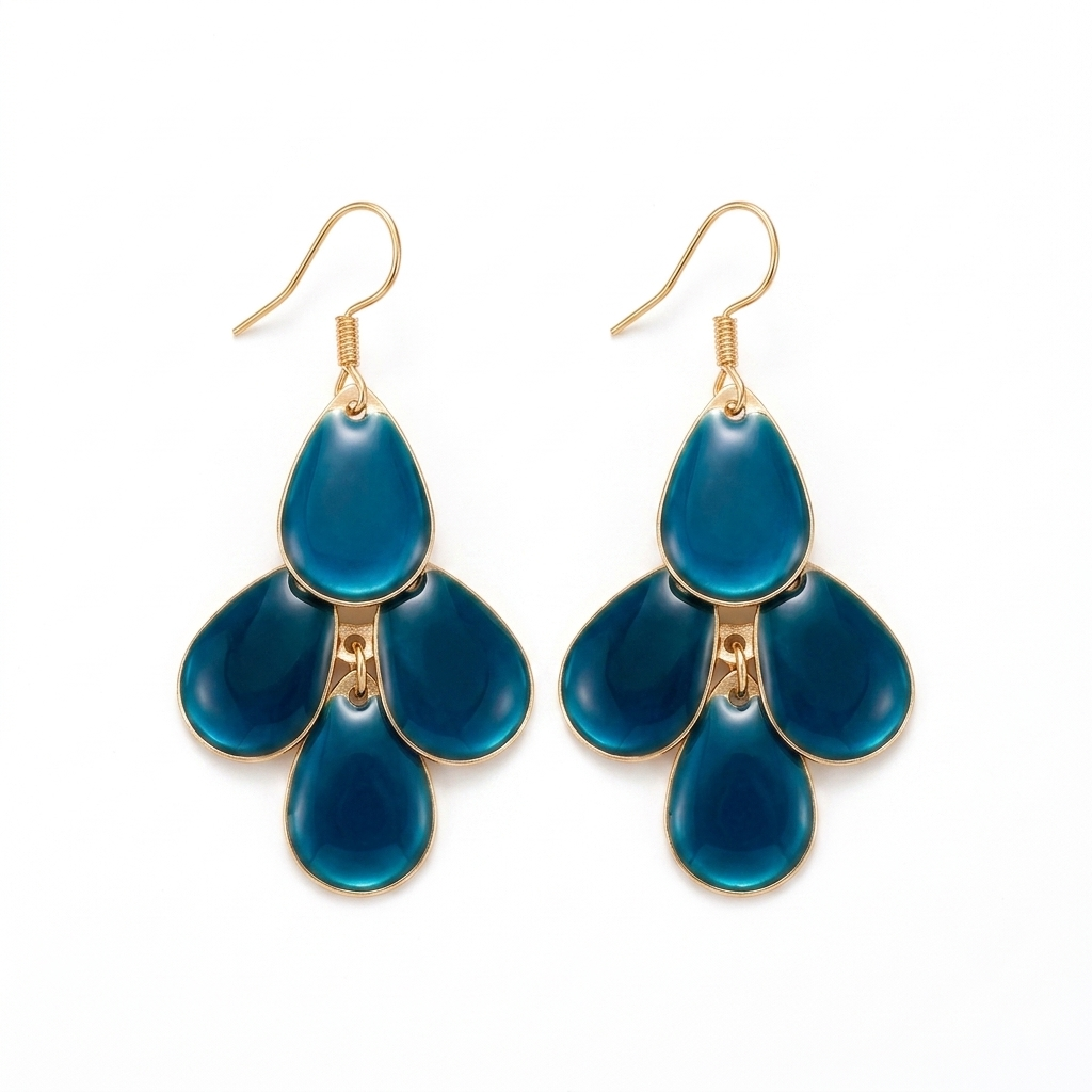 Teal Blue Enamel Cascade Chandelier Earrings – Gold-Plated Teardrop Dangles