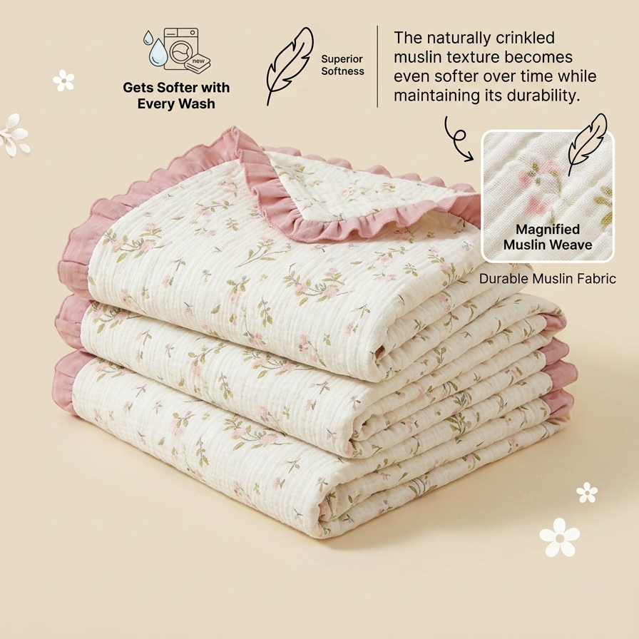 4-Layer Muslin Baby Blanket – 100% Cotton Soft & Breathable Swaddle Blanket