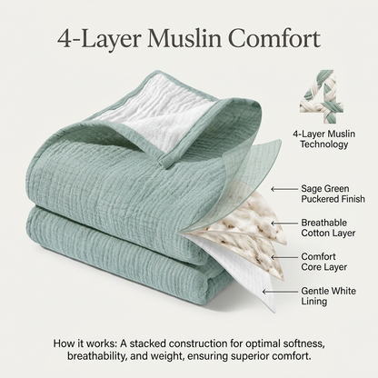 Soft 4-Layer Muslin Blanket – Cotton Swaddle, Crib & Toddler Blanket