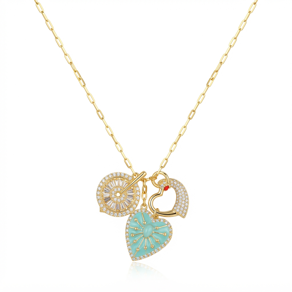 Exquisite Multi-Charm Gold Necklace – Turquoise Heart, Crystal Disk, & Pavé Heart Clasp